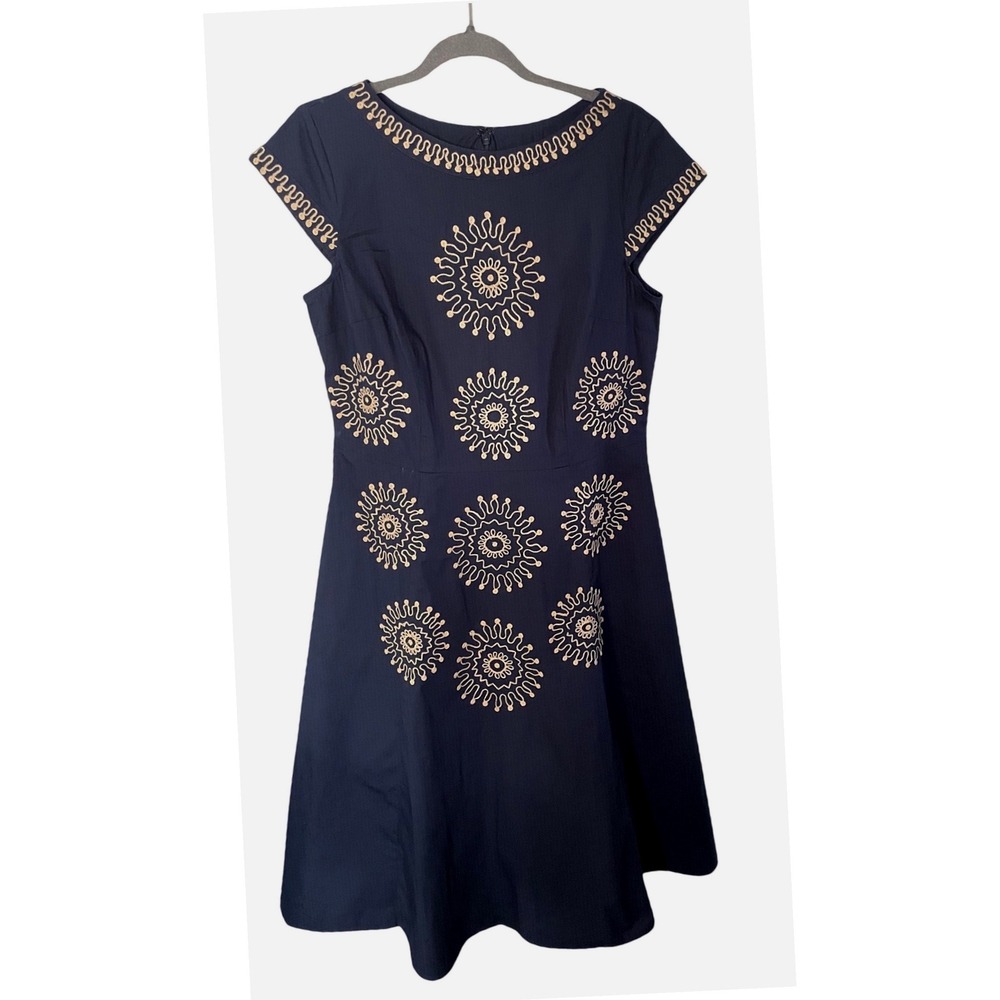 Wayward Fancies eShakti Navy Blue Embroidered Sunburst Fit Flare Dress Size L 12